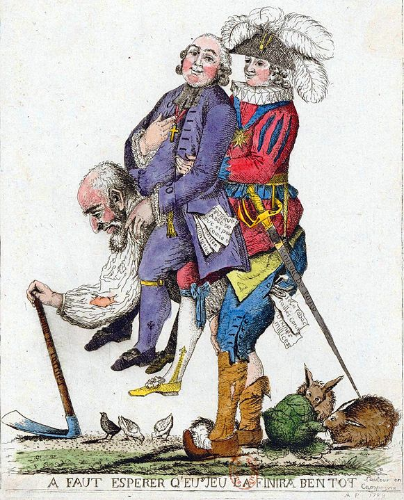 Caricature of the Third Estate carrying the First Estate (clergy) and the Second Estate (nobility) on its back

french revolution