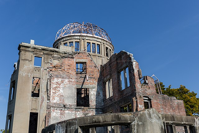 The Hiroshima Peace Memorial, also known as the Atomic Bomb Dome, in Hiroshima Peace Memorial Park. The building was located near the hypocenter of the atomic bomb used on Hiroshima by US forces on August 6, 1945, world war ii
