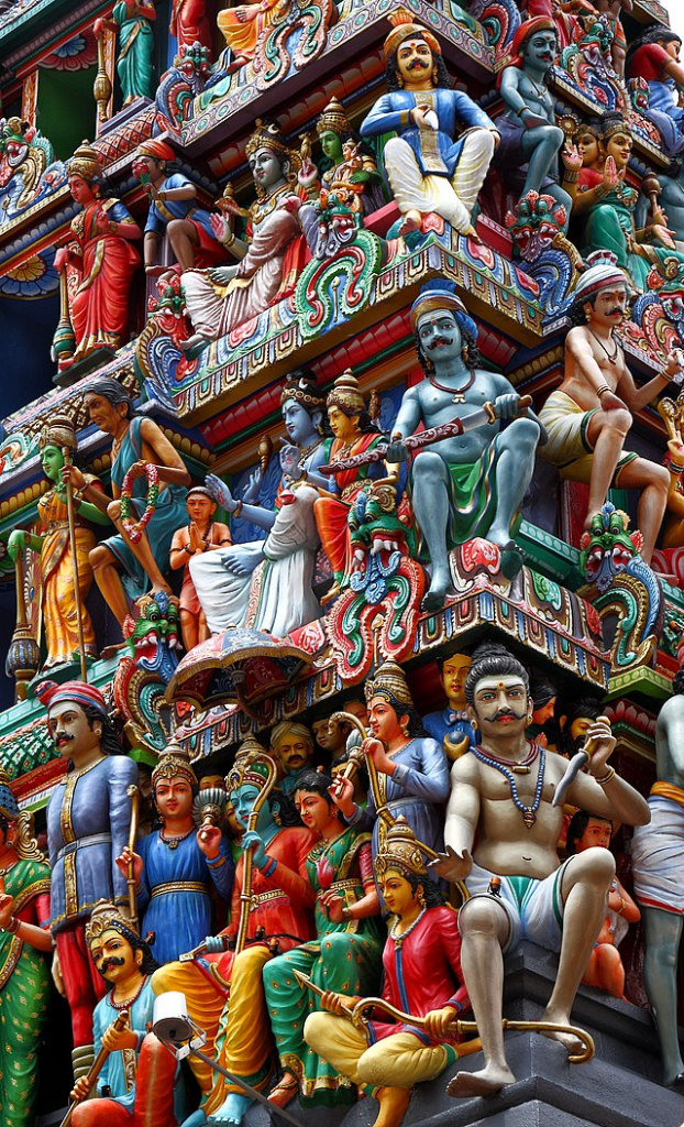 Detail view on the gopuram (tower) at the entrance of the Sri Mariamman Temple (Singapore)