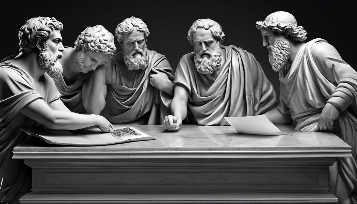 A black and white image depicting ancient Greek philosophers engaged in discussion at a marble table.