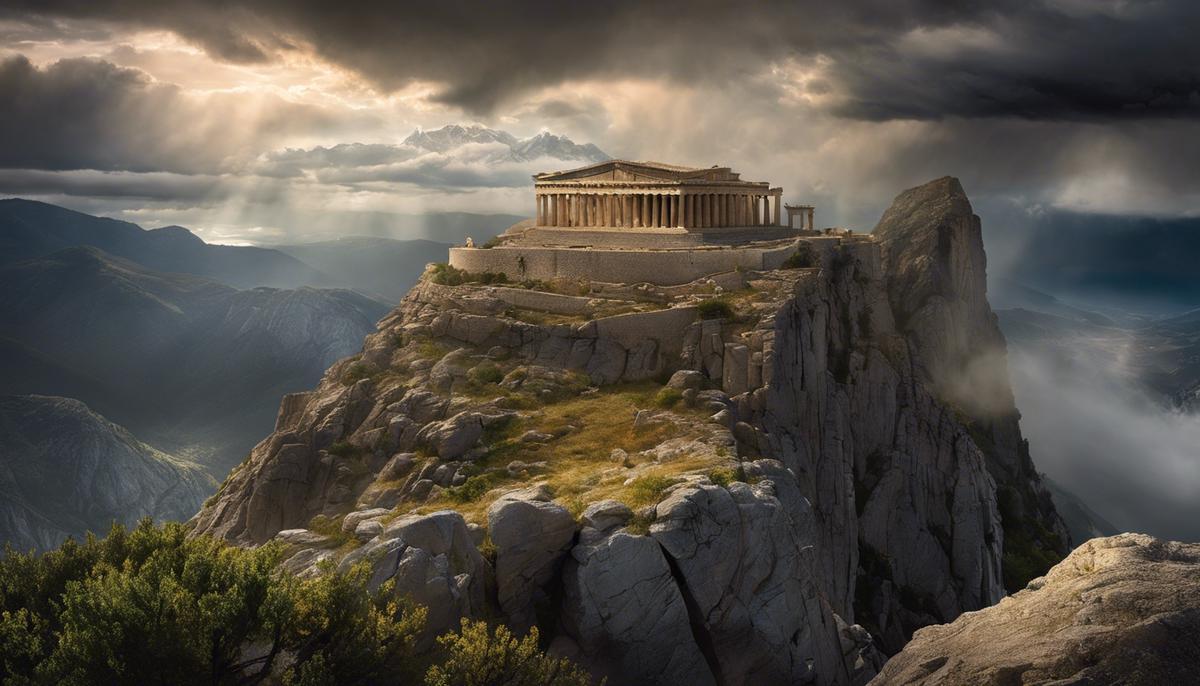 An image depicting well-known Greek deities standing atop a mountaintop, with stormy clouds in the background, symbolizing their power and presence.